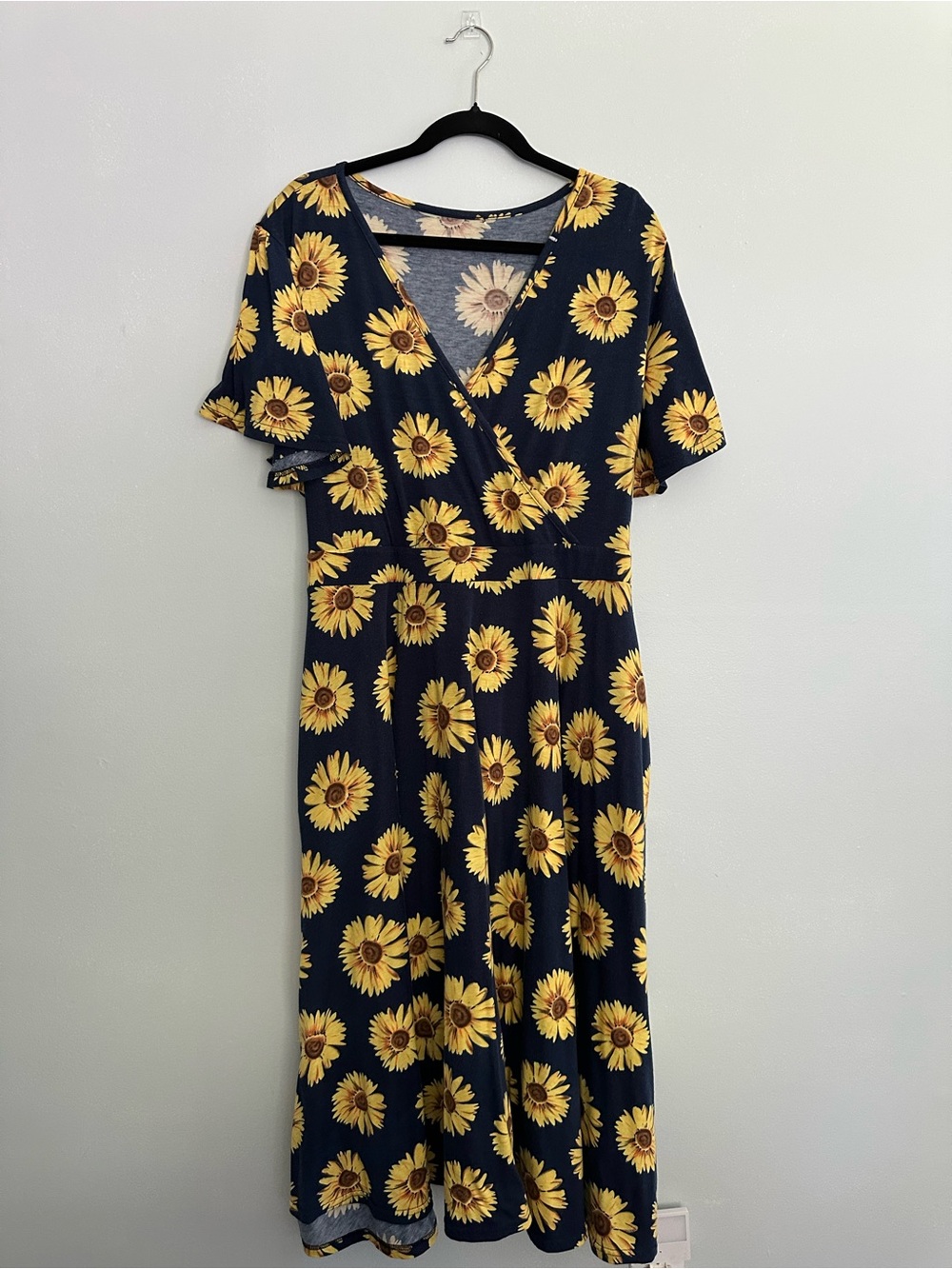 Boho Cottagecore Sunflower Print Navy Wrap Midi Dress with pockets XL